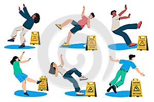 People slip on wet floor. Yellow caution sign, fall down accident, health hazard and danger. Vector man and woman stumble down on