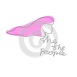 She the people slogan with women`s face hand drawn t-shirt print.