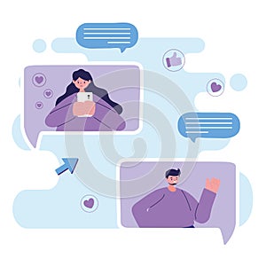 People with smartphone technology chatting speech bubbles