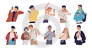 People with smartphones flat vector illustrations set. Different emotions, reaction to information concept. Men and