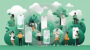 People with smartphones and trees in the park. Flat vector illustration