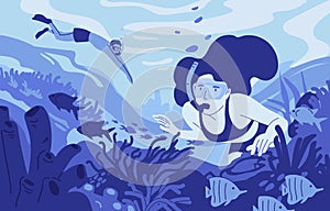 People snorkeling flat vector illustration. Diving summer recreational activity. Water sport, extreme hobby. Man and