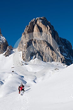 People with snowshoe excursion on snow