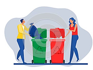People sort waste for recycling Put plastic bottle and throwing them into special trash bin Ecology concept. recycling concept.
