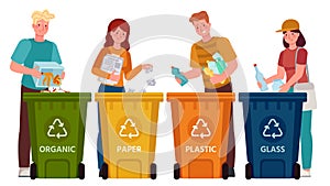 People sorting garbage. Men and women separate waste and throwing trash into recycling bins. Ecology lifestyle vector