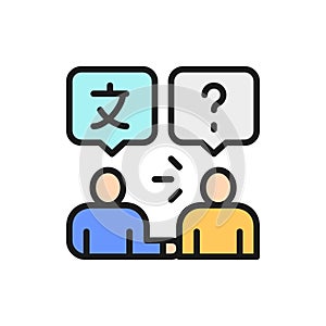 People speak foreign languages, businessmen discuss, chat flat color line icon.