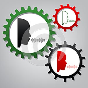 People speaking or singing sign. Vector. Three connected gears w