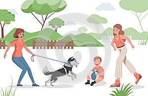 People spend time outdoor in urban park vector flat illustration. Dog owner, mother and child.