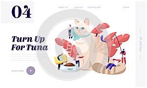 People Spend Time with Pet Website Landing Page. Tiny Characters Caress of Huge Cat, Feed, Play, Dressing. Leisure, Sparetime