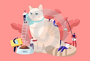 People Spending Time with Pet. Tiny Male and Female Characters on Ladders Caring of Huge Cat, Feed, Play, Dressing. Leisure