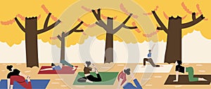 People spending time together in  autumn city park. Banner with colorful autumn trees and people. Women in yoga poses.