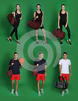 People with sports bags on green background, collage
