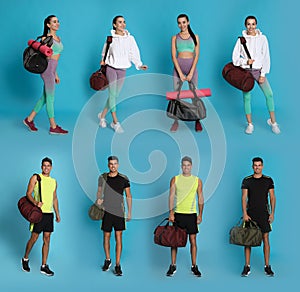 People with sports bags on light blue background, collage