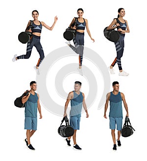 People with sports bags on white background, collage