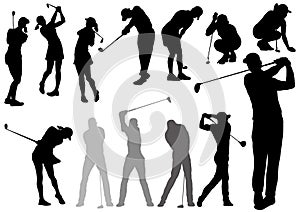 Golf Players Silhouettes Isolated On A White Background.