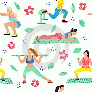 People in sportswear doing exercises cartoon characters. Healthy lifestyle  color drawing pack. Sports, fitness, seamless