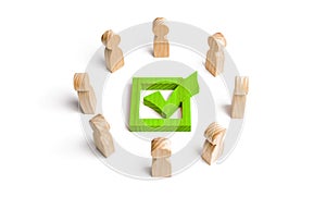 People stand in a circle and look at the green check mark in the box. election, poll or referendum. Poll people. Voters photo