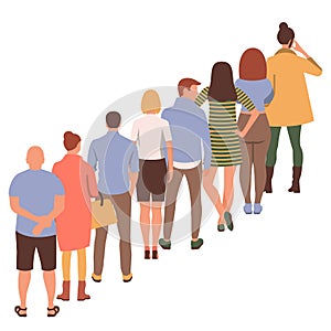 People stand in a long queue. Vector flat.