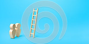 People stand near a ladder to nowhere. Career ladder. Open possibilities concept. Opportunity for growth and development