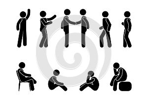People stand and sit, set of stic kmen, stick figure pictograms
