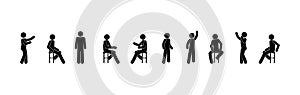 People stand and sit in various poses, communication between people illustration, isolated stick figure pictograms