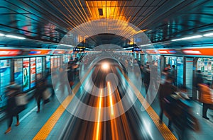 people stand in a subway as a train makes its way