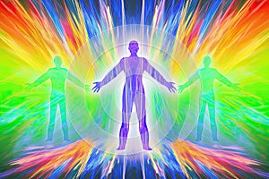 People standing in an abstract field of colorful light, concept for spiritual meditations - AI Generated photo