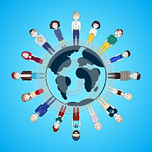 People Standing Around Globe Isolated On Blue Background Earth Day Concept