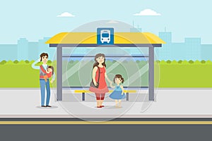 People Standing at Bus Stop in City, Parents and Kids Waiting for Public Transport Vector Illustration