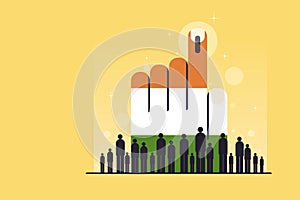 People standing in front of a big hand with Indian flag colours