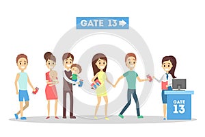 People standing in line at the airport gate