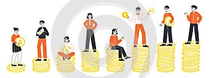 People standing on money stacks, salary, economic inequality concept. Financial well-being, salary gap, poor and rich people