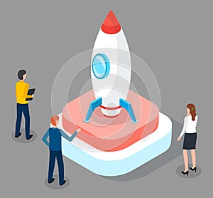 People standing near 3d isometric rocket, work team start new business project, startup, plan