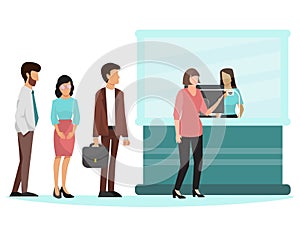 People standing in queue in bank vector illustration. Group of businesspeople stand in line near bank clerk window