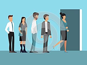 People standing in queue vector illustration. Group of businesspeople stand in line in front of door. Persons to queue