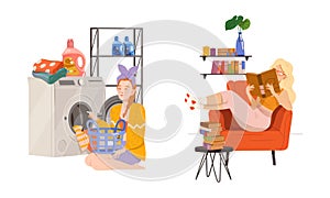 People staying or spending weekend at home set. Young woman doing laundry and reading book vector illustration