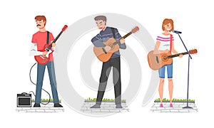 People Street Musician Character Playing Guitar and Singing Vector Set