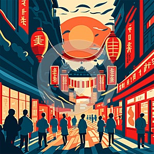 People in the street in Shanghai, China. Vector illustration in flat style AI generated