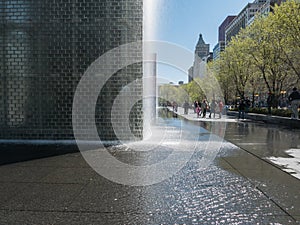 People stroll past Crown Fountain, Millennium Park, Chicago