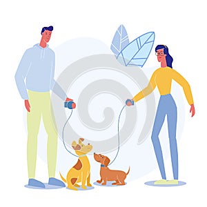 People on Stroll with Pets Vector Illustration