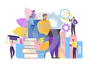 People study education online, vector illustration. Flat university student with knowledge book concept. Business school