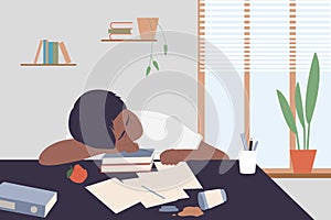 People study hard, tired student, boy sleeping on table next to books, working overload