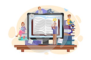 People study on online courses with books and laptop. Online library or education center, remote school, college and