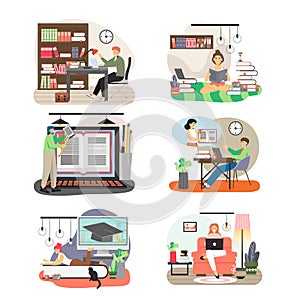 People studying at home, in public library, flat vector isolated illustration. Online learning, remote education.