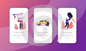 People Studying in School for Driver License Mobile App Page Onboard Screen Template. Characters Learning to Drive Car