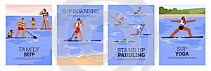 People sub boarding or paddle boarding - posters set templates flat vector illustration.