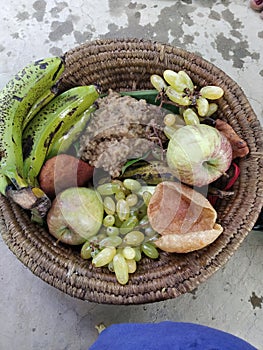 People submitted many  fruit to lord in unique pot in madhubani India