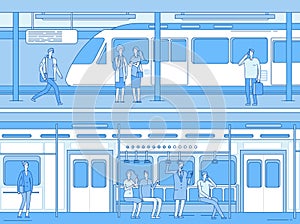 People in subway. Man woman waiting train metro platform station. Persons in train interior. Underground transportation