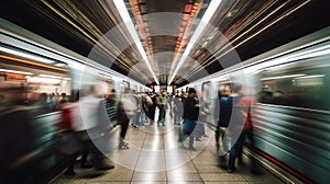 People in the subway during rush hour, timelapse, hyperlapse. Blurred in motion people