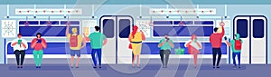 People in subway transport metro train inside vector illustration, cartoon flat man woman passenger character sitting